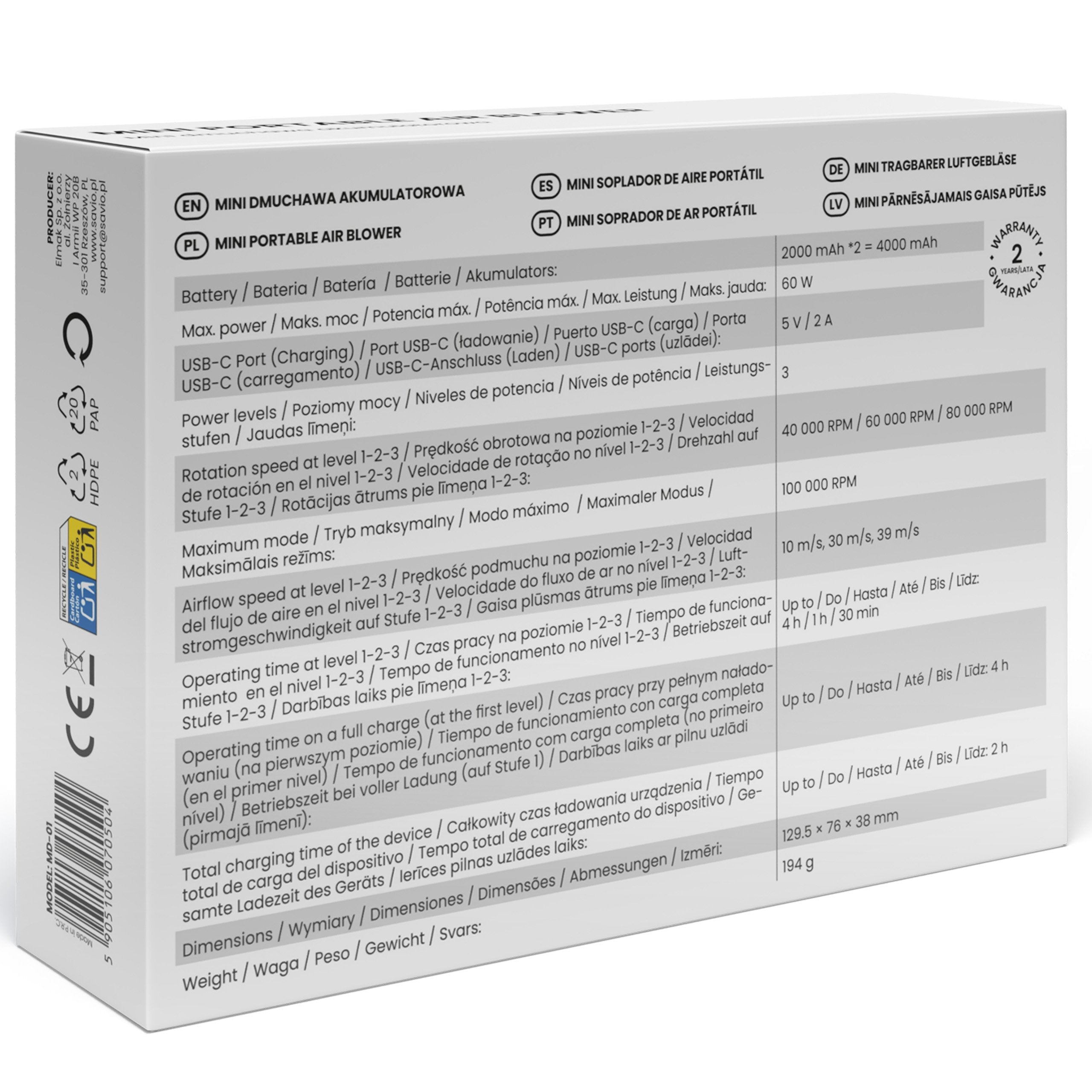 EAN 5905106070504 - Savio MD-01 soplador de hoja 60 W 7,4 V 140 kmh Ión de litio imagen 7