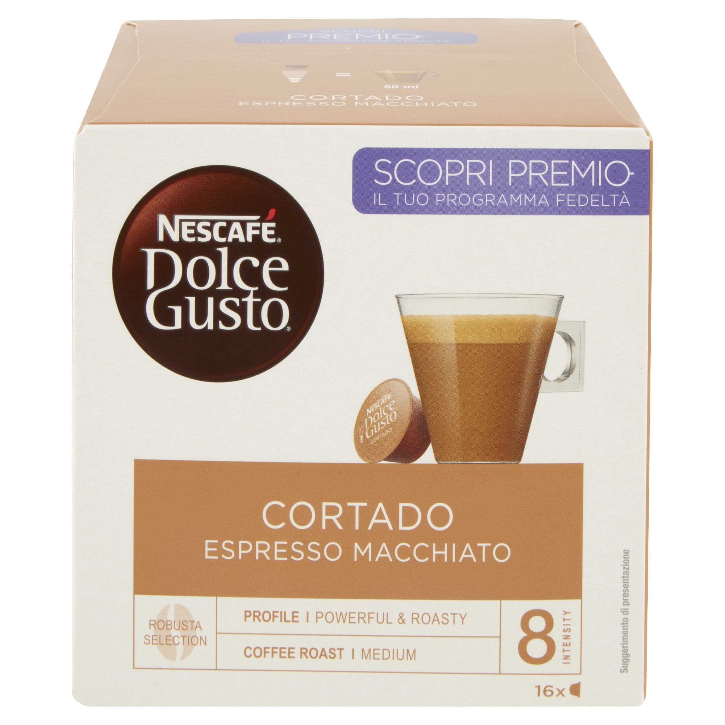 Nescafé Dolce Gusto Espresso Macchiato (Cortado). Tipo De Producto: Cápsula De Café Sistema De Cápsulas/Monodosis De Café: Dolce Gusto Capacidad En Tazas: 16 Tazas. Peso: 1008 G. Cantidad Por Paquete: 16 Pieza(S)