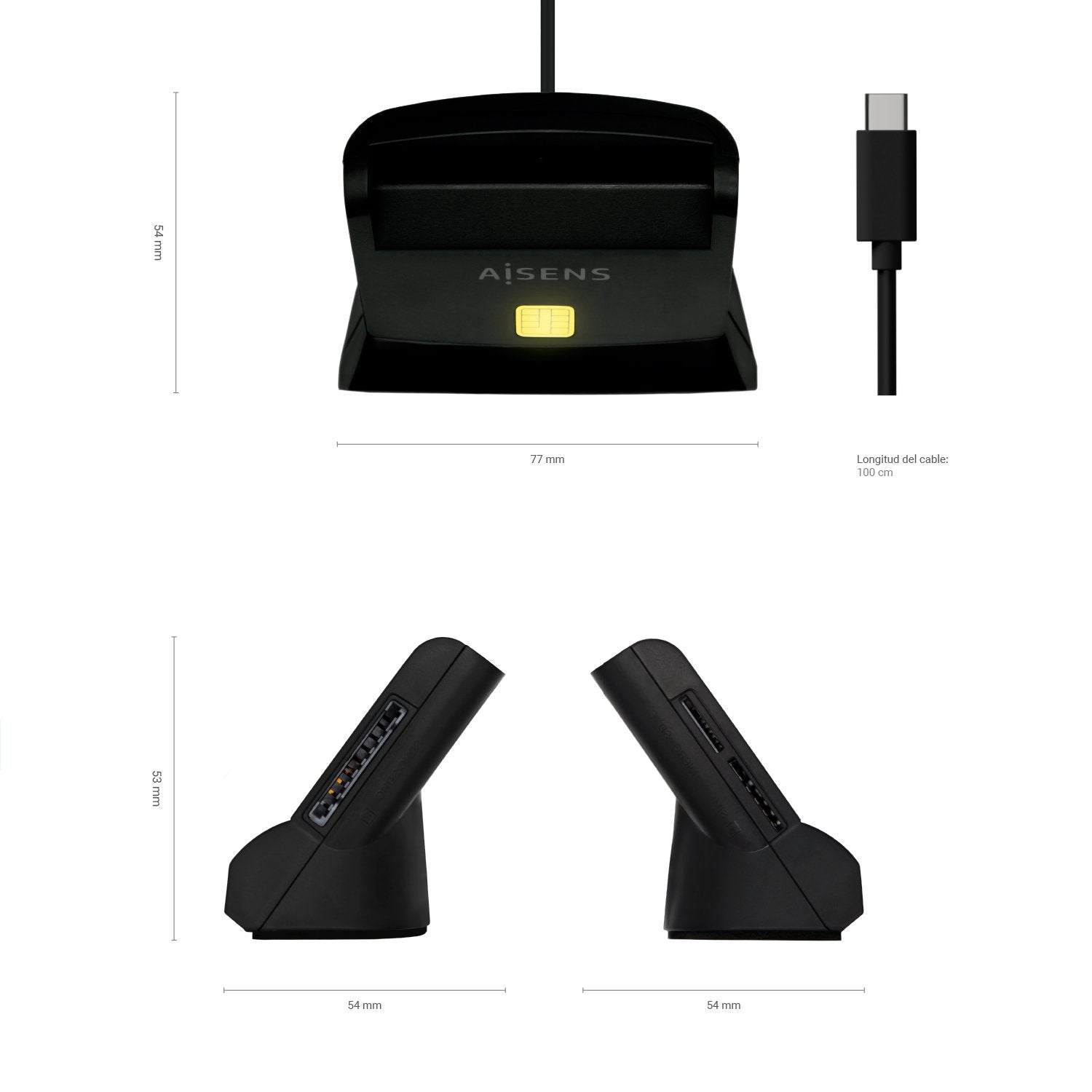 Aisens Lector De Tarjetas Inteligente Dni Con Lector Sim, Sd, Mirosd, Mmc, Rs-Mmc, Mmc Micro, Usb-C, Negro