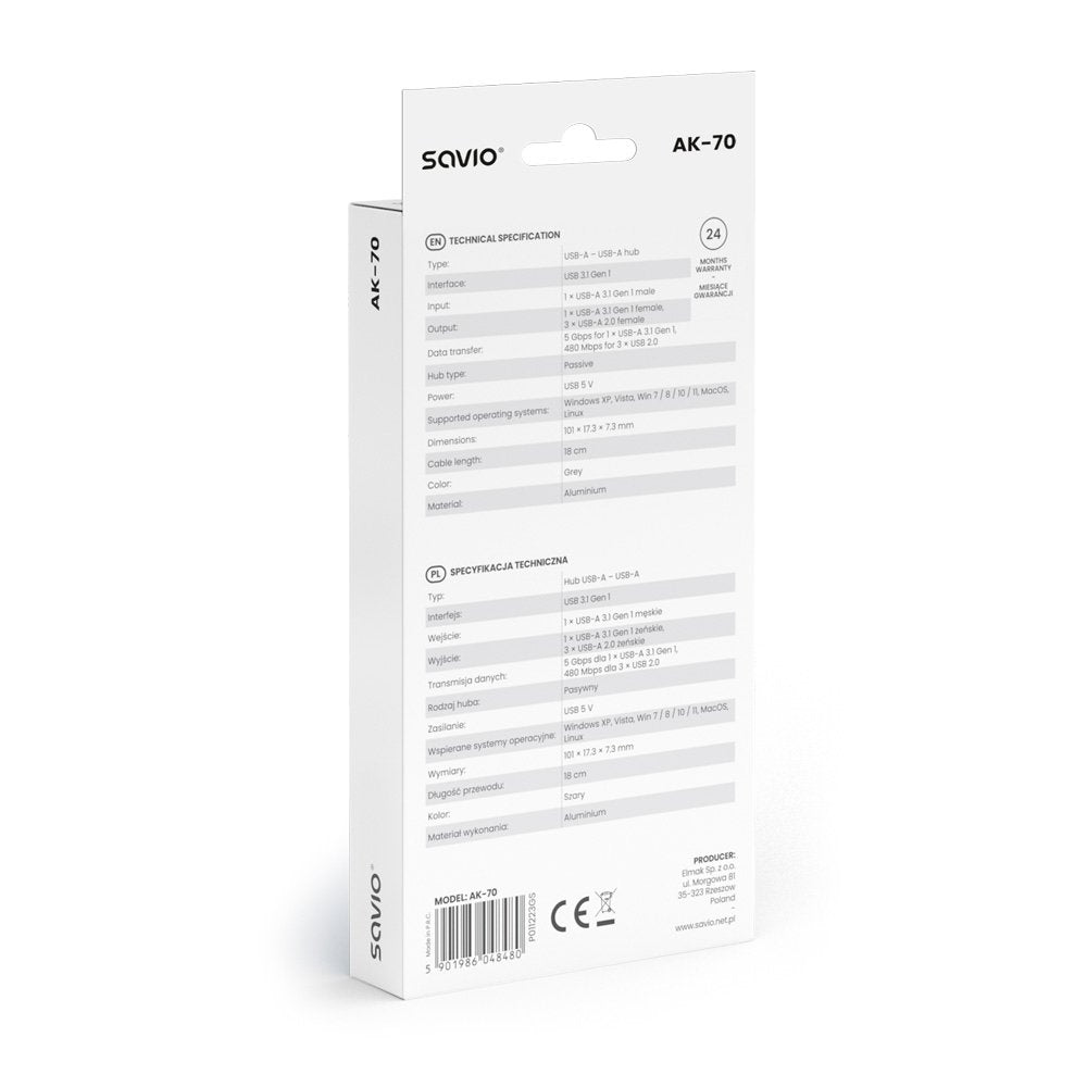 Concentrador Usb-A Savio Ak-70 - 3 × Usb-A 2.0, 1 × Usb-A 3.1 Gen 1, 4 En 1, 5 Gbps
