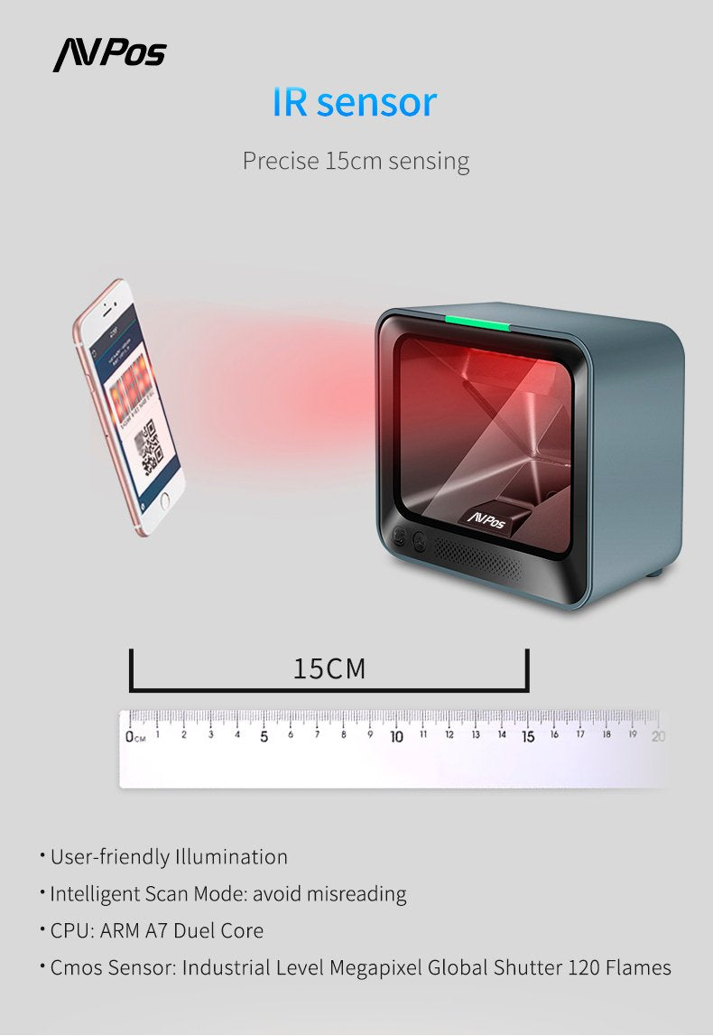 EAN 7427246076515 - AVPos AVP-BP760-2D lector de código de barras Lector de códigos de barras fijo 1D/2D CMOS Negro imagen 4