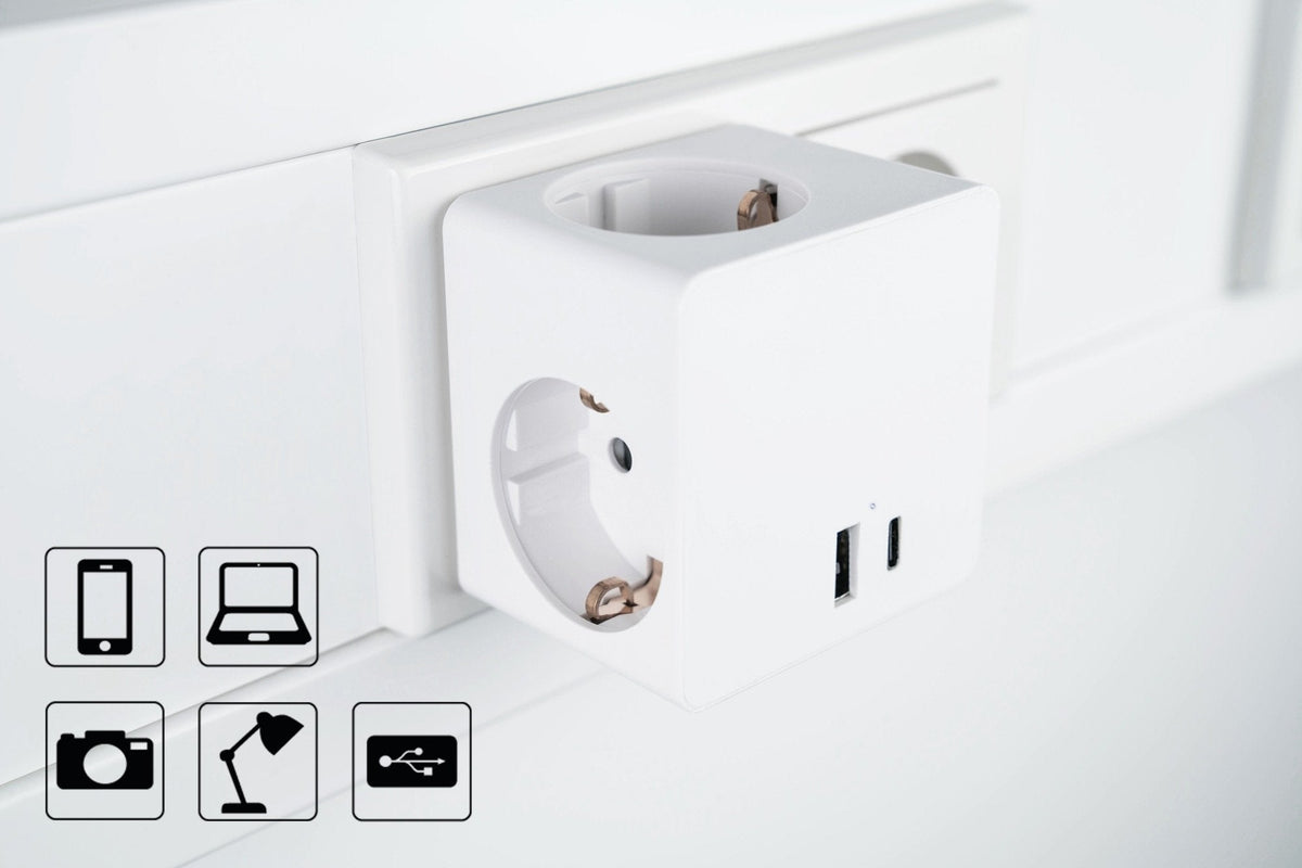 Enchufe Cubo Good Connections Kabelmeister  De 3 Vías, 2x Usb, Regleta Blanca, 1x Usb-C Pd 3.0 20w, 1x Usb-A 18w Sw01-W