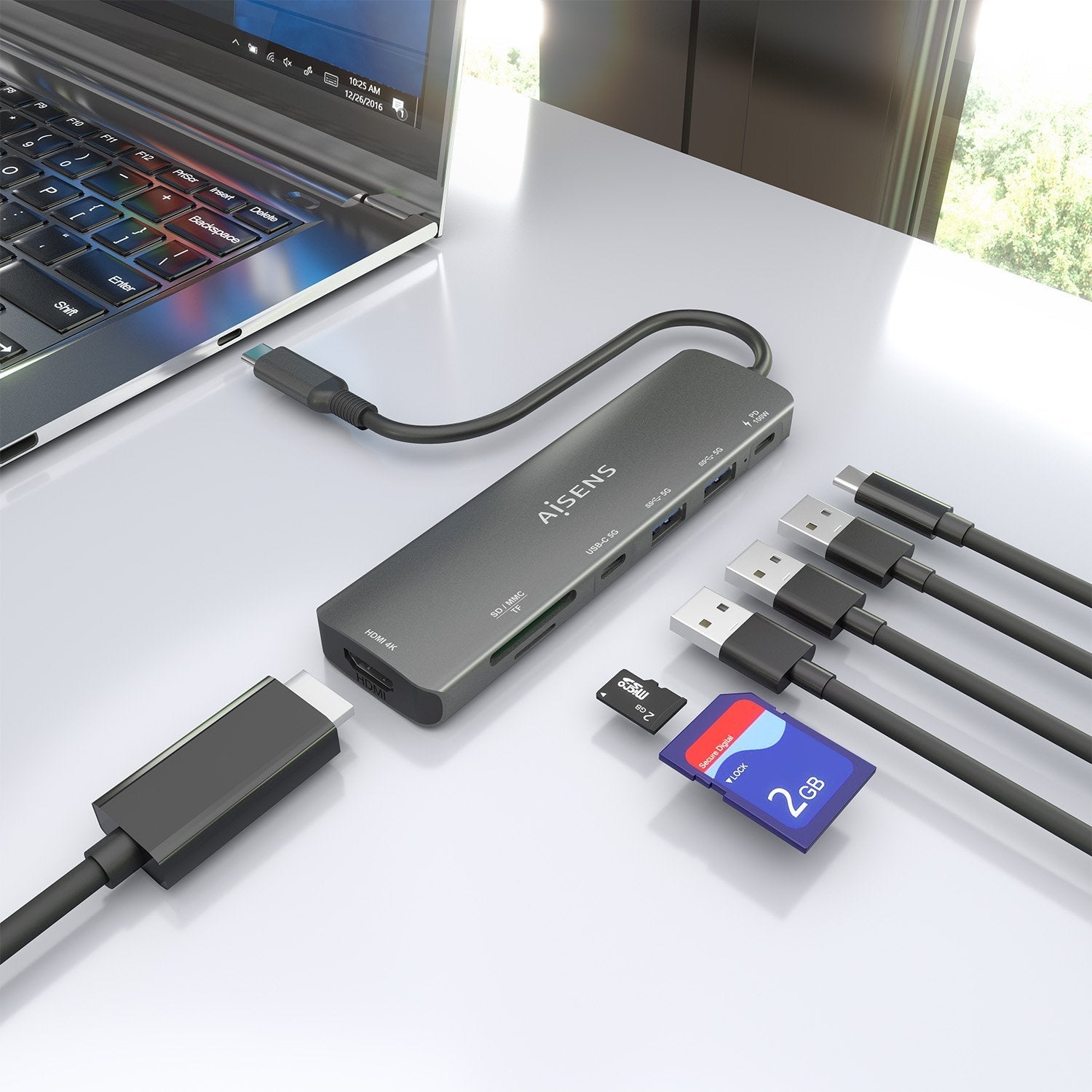 Aisens Usb-C Dock 7 En 1, Usb-C A 1xhdmi, 2xusb-A, 1xusb-C, 1xusb-C Pd 100w, 1xsd, 1xmicro Sd, Gris, 15cm