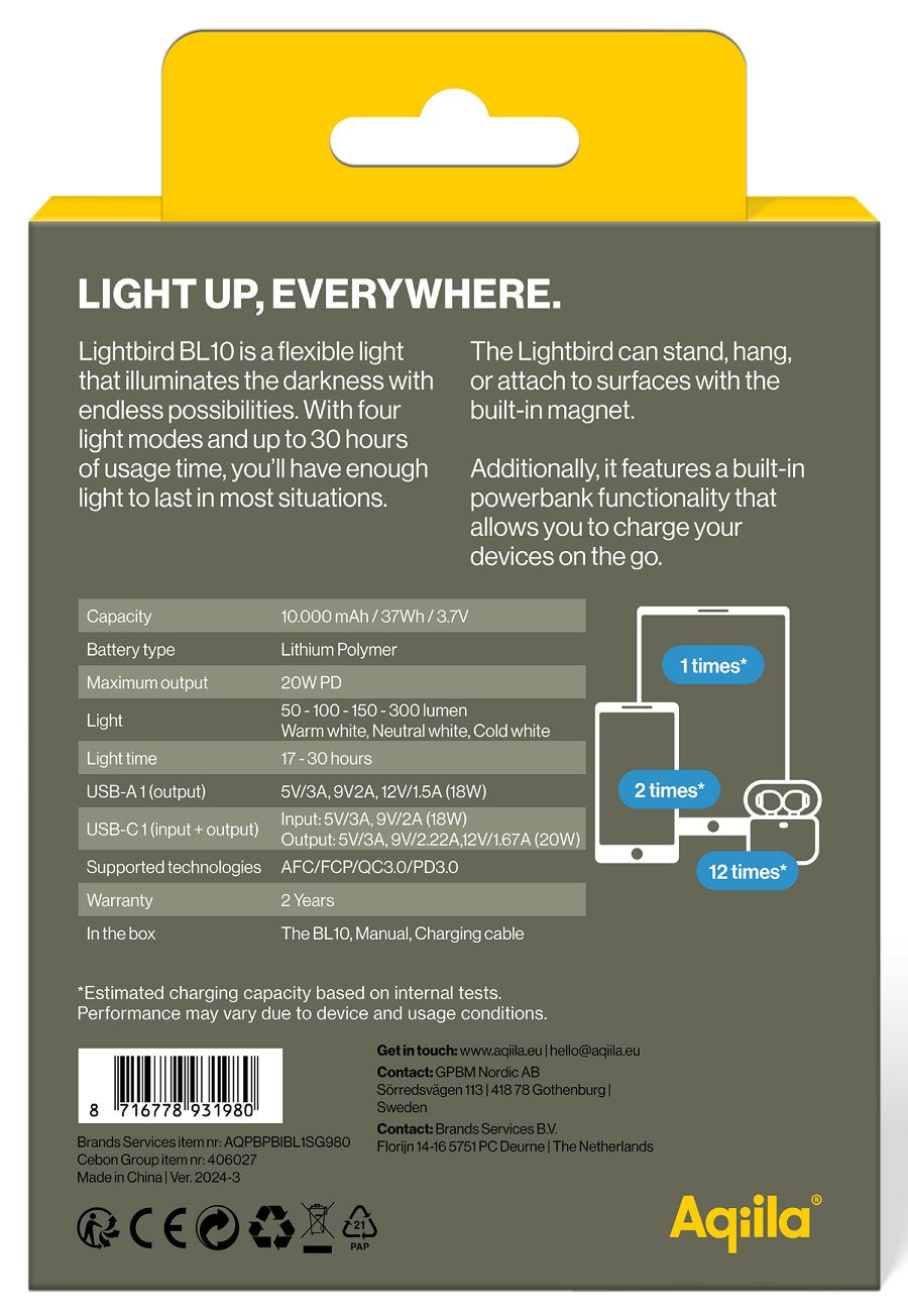 Aqiila Powerbird Bl10 Powerbank Lampe 20w Schwarz 10.000 Mah