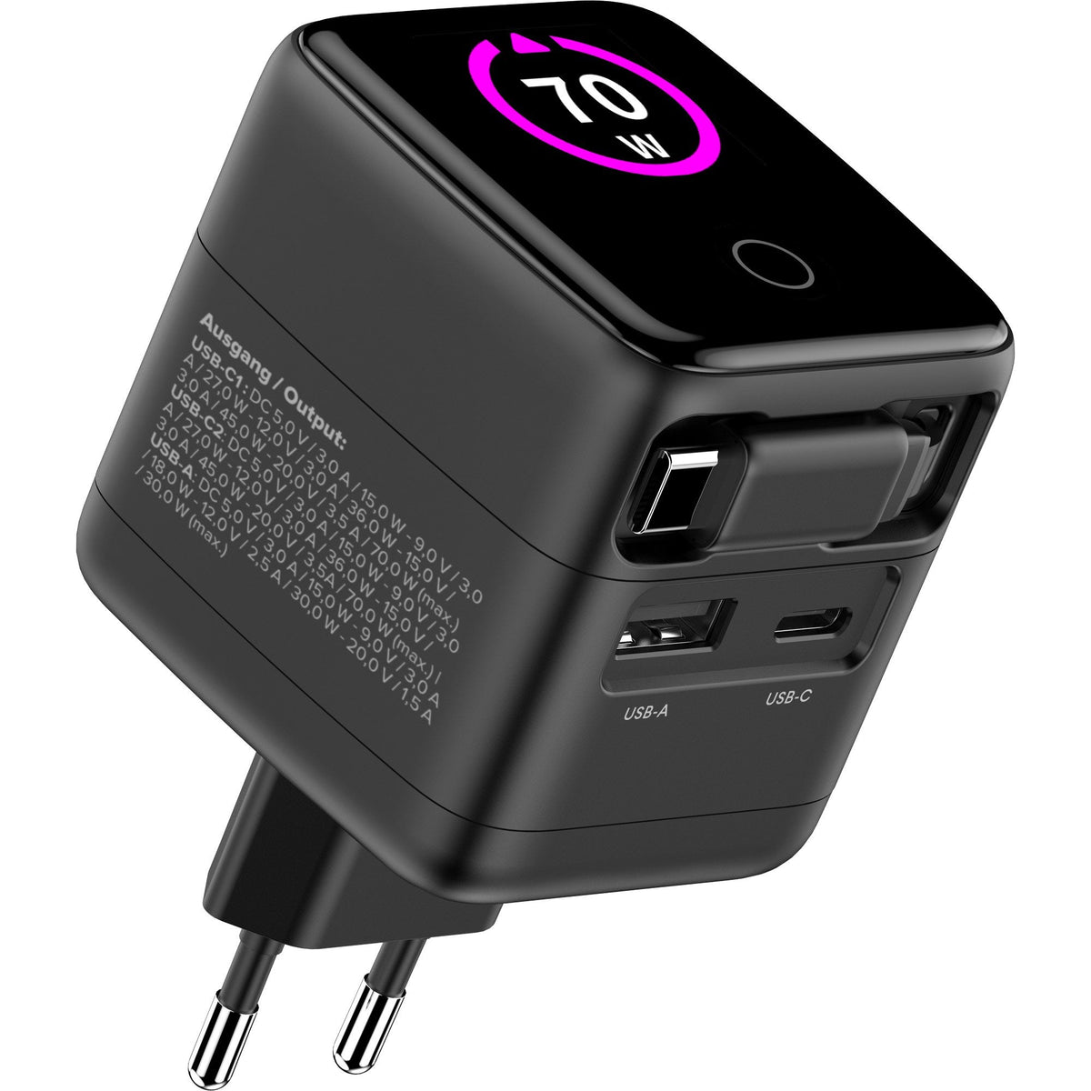Inline Usb Fuente De Alimentación - 70w - Gan - Usb-C Pd + Usb-A Qc - Cable 60cm - Negro