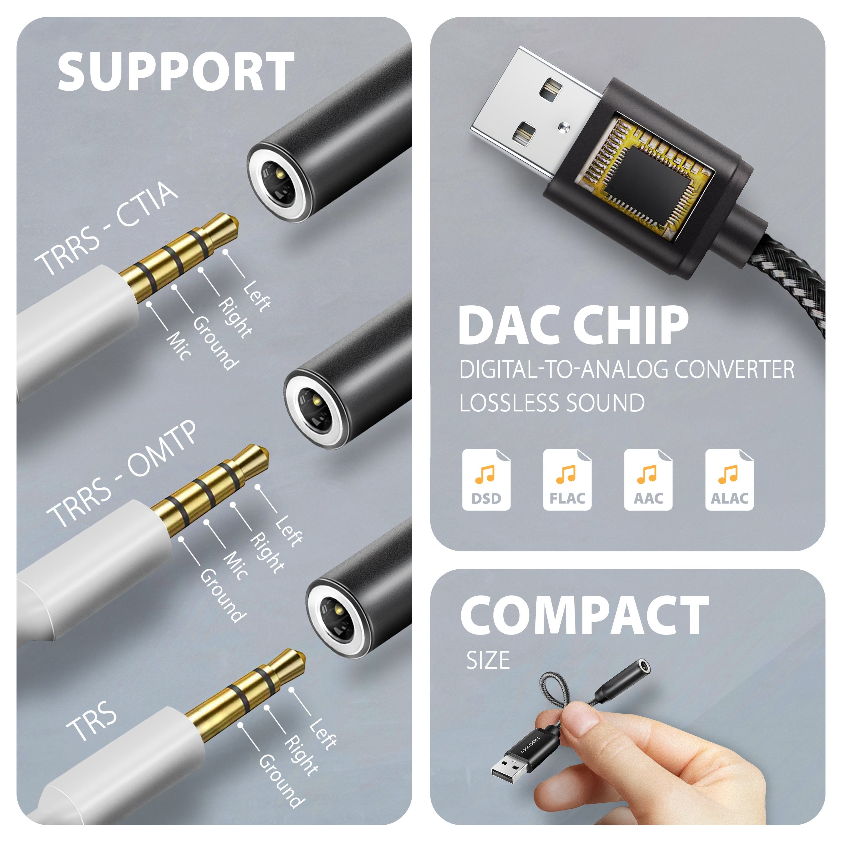 Axagon Ada-Ha Usb-A To 3.5mm Jack Hi-Res Dac Audio Adapter, 384khz 32bit, Stereo
