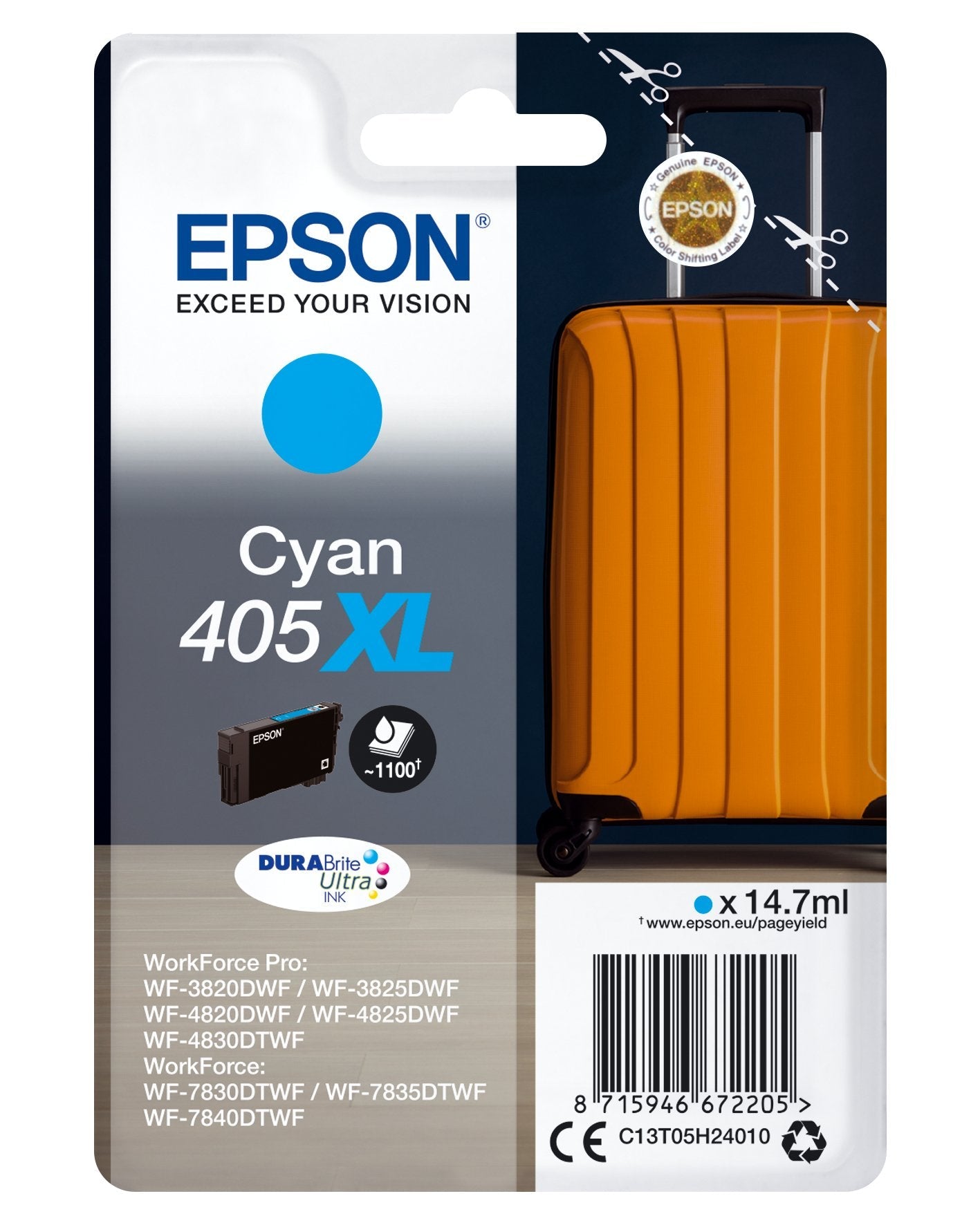 Epson 405xl 14.7 Ml Xl Cián Original Blíster Con Alarmas De Rf/Acústica Cartucho De Tinta Para Workforce Wf-7310 7830 7835 7840 Workforce Pro Wf-3820 3825 4820 4825 4830