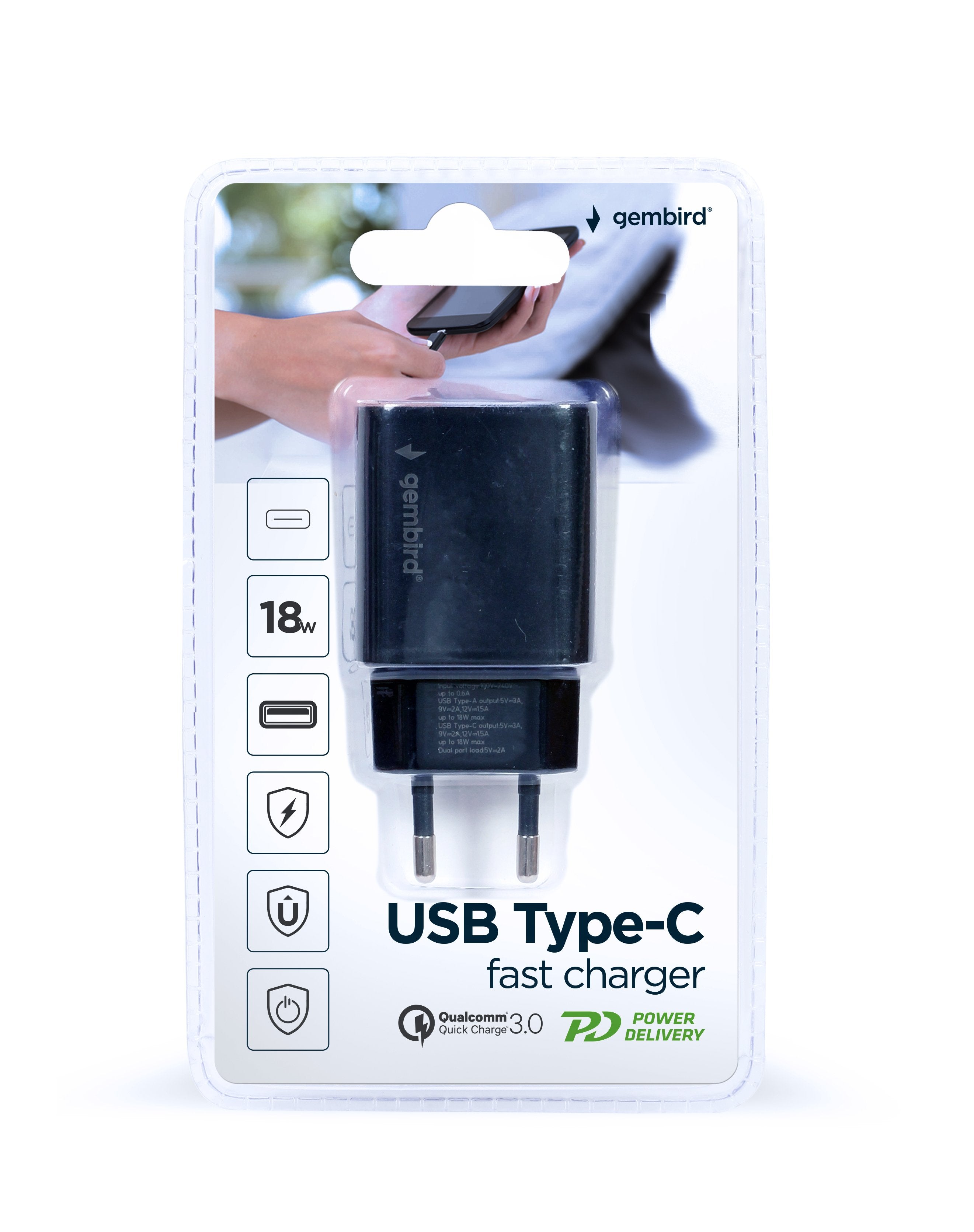 Cargador Rápido Usb Tipo C, 18 W, Negro