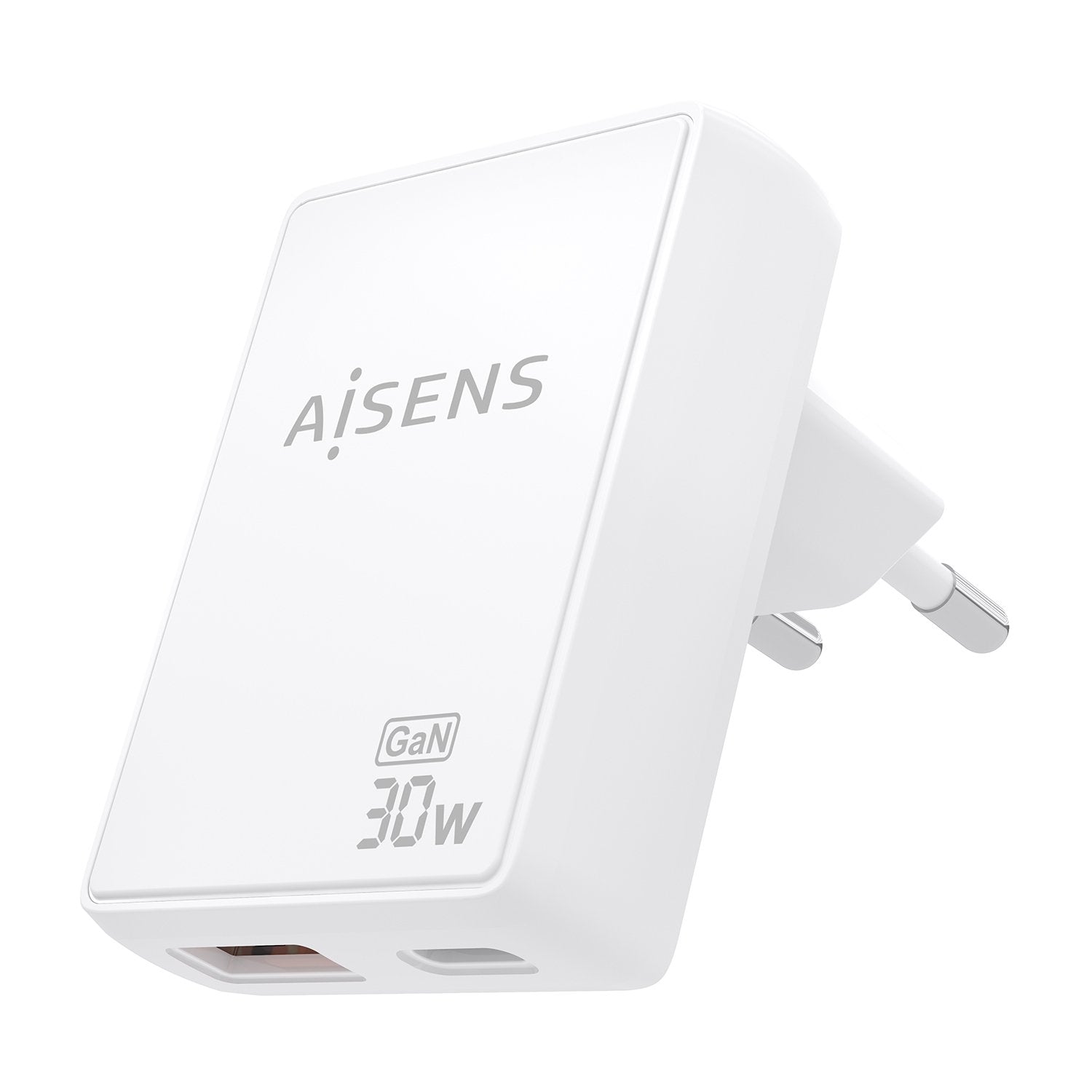 Aisens Cargador De Pared Gan Ultra Delgado 30w, 1xusb-C Pd3.0 Qc4.0, 1xusb-A Qc3.0, Blanco
