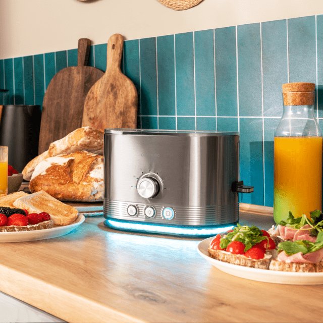 Tostadora Cecotec Vertical De Acero Con Doble Ranura Corta Shine&Toast Double. 850w, Capacidad Para 2 Tostadas, Ranuras Anchas De 3,8cm, Anillo Luminoso, 7 Niveles De Tostado, Varillas Superiores