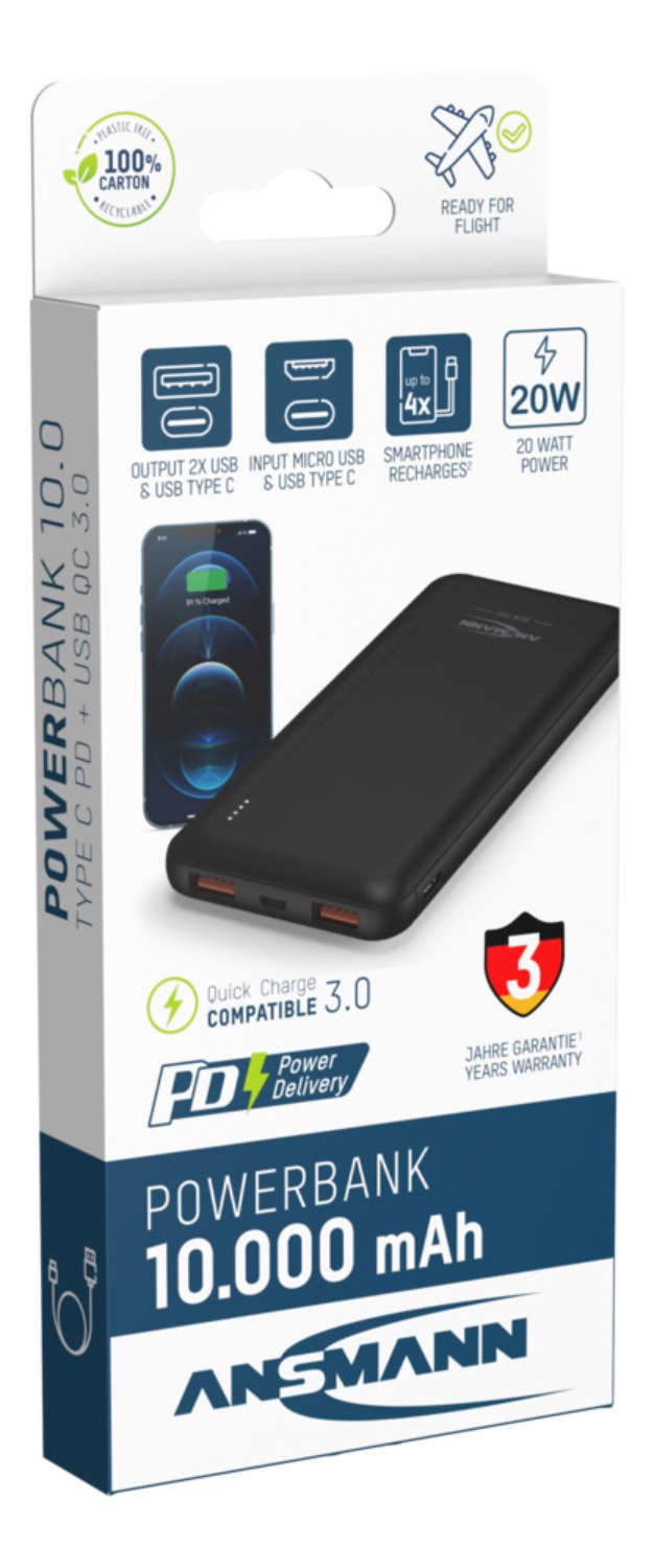 Bateria Ansmann Powerbank 10000 Mah 20w 2 Usb-A Ports, Usb-C Port