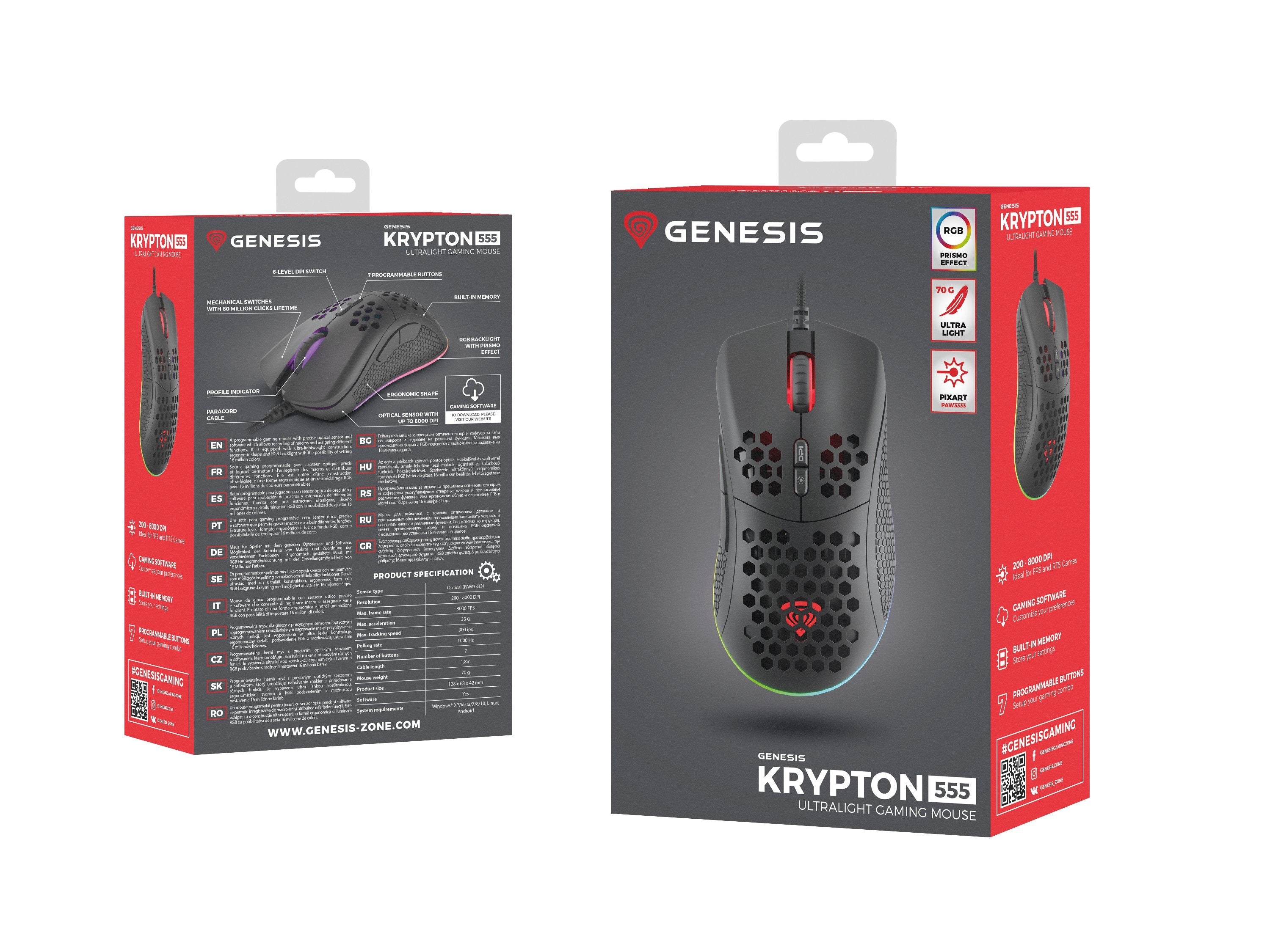 Krypton 555 8000dpi (Paw3333) Ratón Rgb Retroiluminación Negra