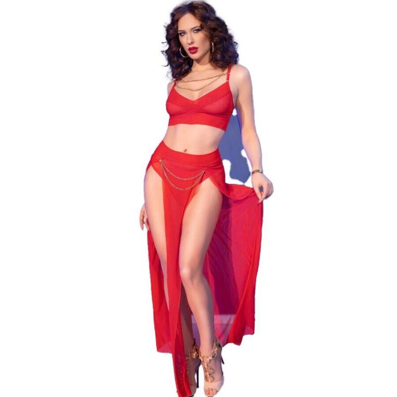 Chilirose - Cr 4850 Set Top Rojo Y Leggins Con Complementos Dorados M
