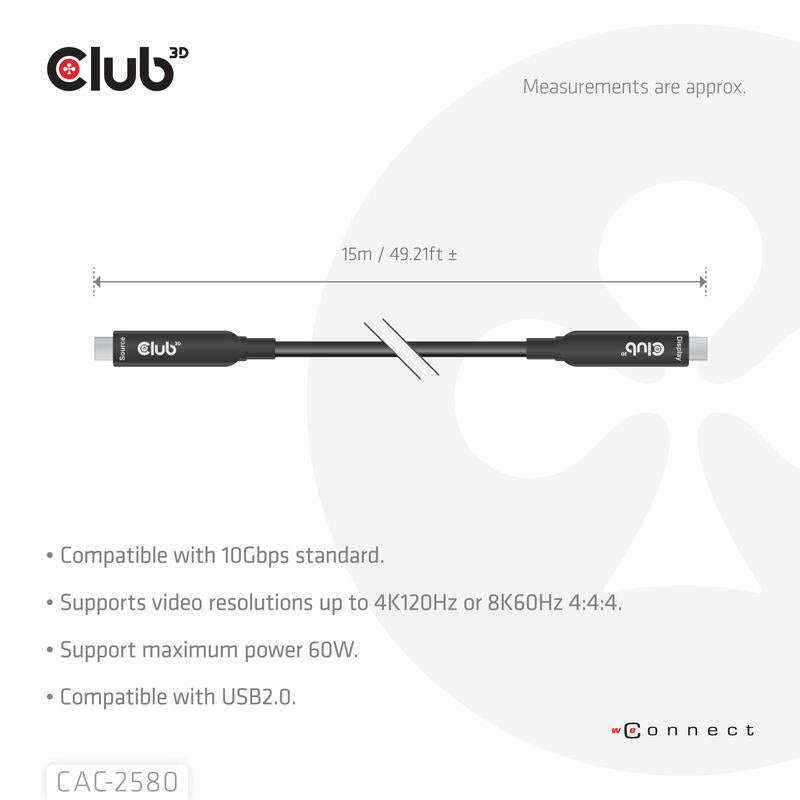 Club3d Usb-C Aoc-Cable 8k 10gbps 60w 15m M M