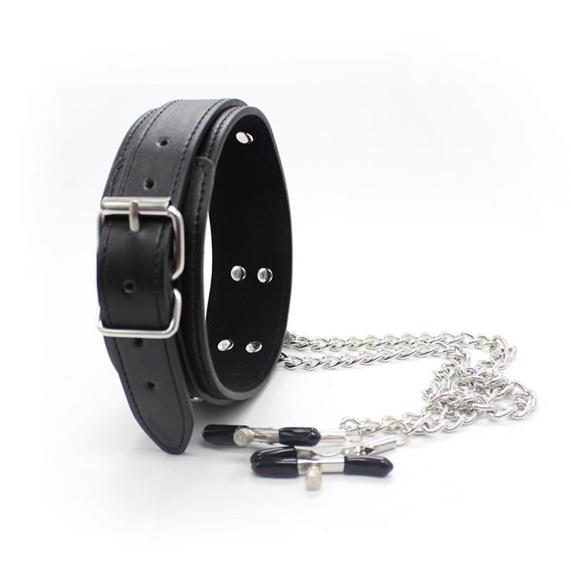 Collar Con Pezoneras Y Cadena De Metal Negro