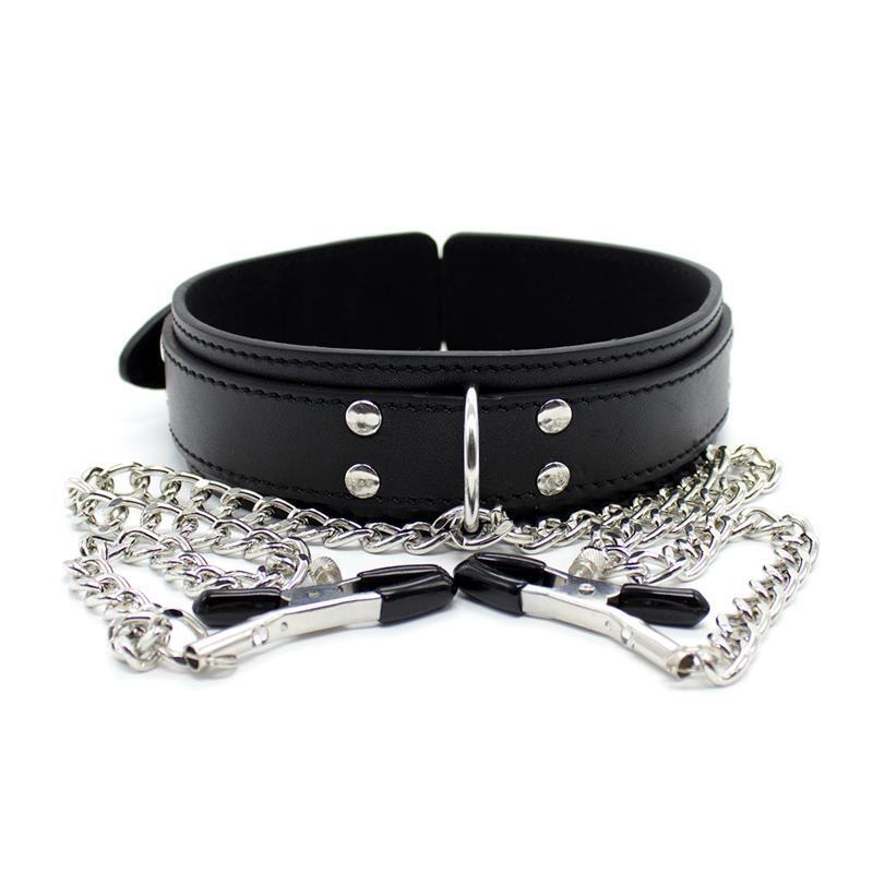 Collar Con Pezoneras Y Cadena De Metal Negro