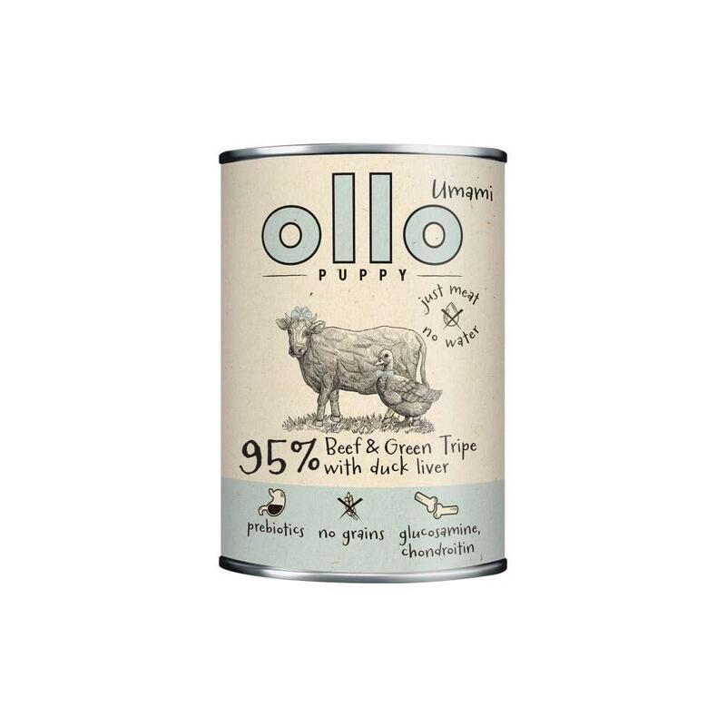 Comida Húmeda Para Perros Ollo Puppy Umami Ternera Y Panza Verde Con Hígado De Pato 850g