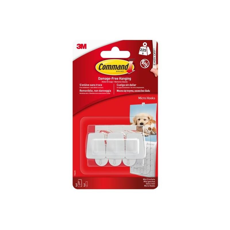 Command Mini Pack De 3 Ganchos - 3 Tiras Adhesivas - Soportan Hasta 225g - Blanco