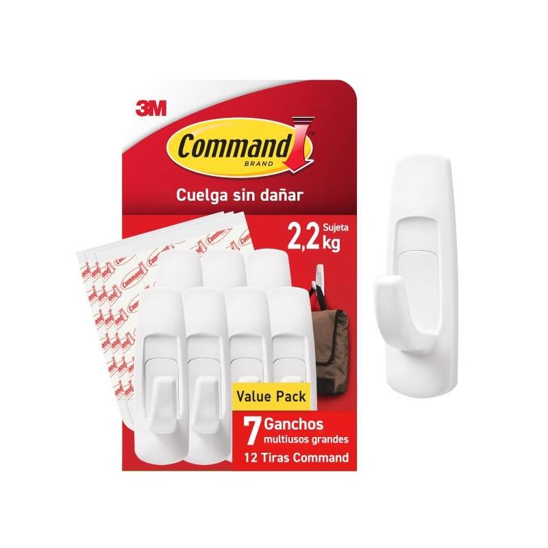 Command Pack De 7 Ganchos Grandes - 12 Tiras Adhesivas - Soporta Hasta 2.2kg - Blanco
