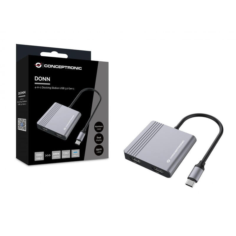 Conceptronic Adaptador Usb-C->2xhdmi,Usb-C Pd,1xusb3.0 0.25 Gr