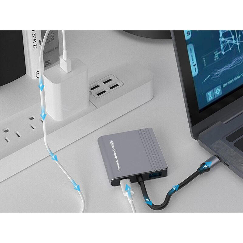 Conceptronic Adaptador Usb-C->2xhdmi,Usb-C Pd,1xusb3.0 0.25 Gr