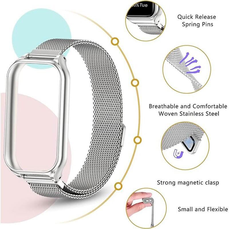 Correa Milanesa Magnética Xiaomi Mi Smart Band 8 Active / Redmi Smart Band 2 Plata