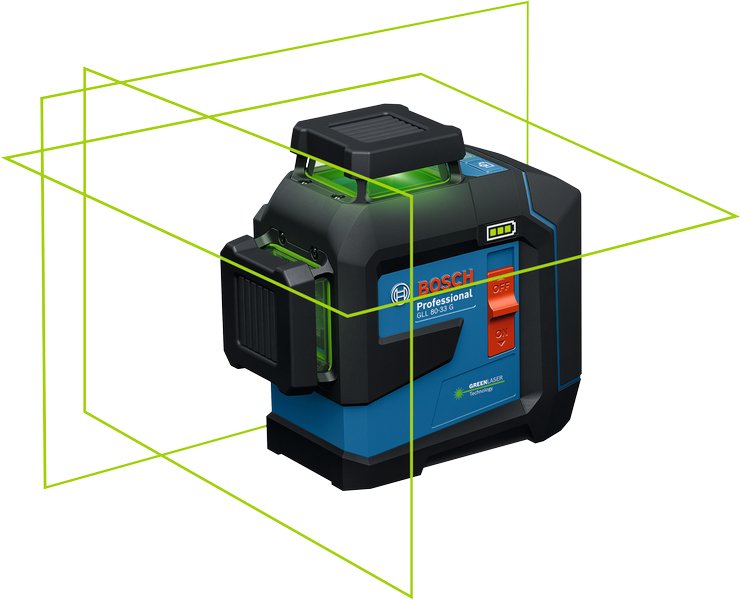 Bosch Professional Láser De Línea Gll 80-33 G Professional Azul Negro, Batería De Iones De Litio 3,0 Ah, Líneas Láser Verdes, Soporte Universal Lb 10, Abrazadera De Techo Dk 20 601065501