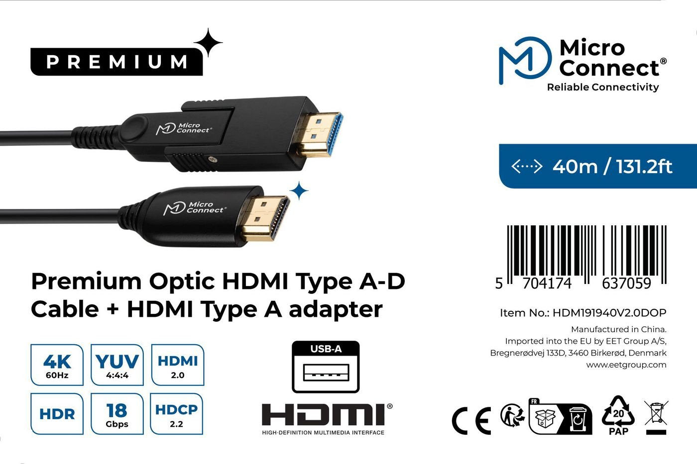 EAN 5704174637059 - Microconnect HDM191940V2.0DOP cable HDMI 40 m HDMI tipo A (Estándar) HDMI tipo D (Micro) Negro imagen 3