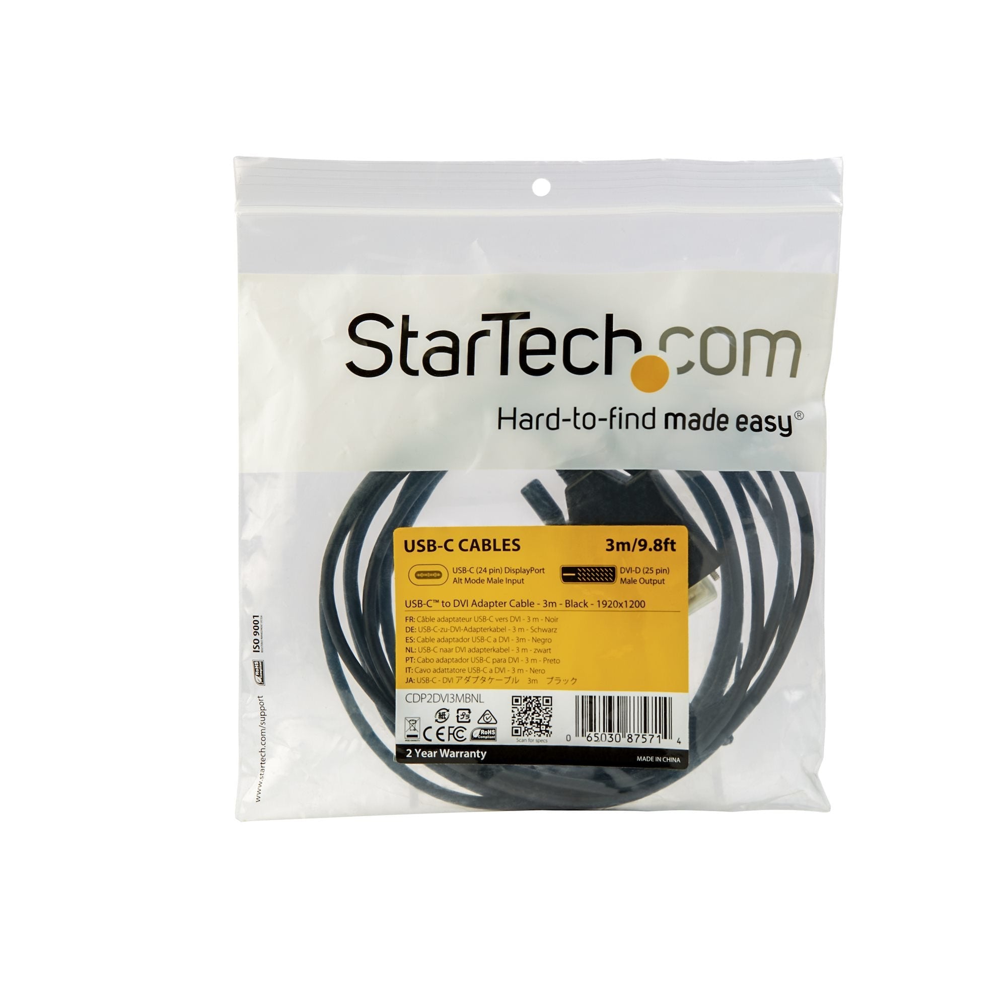 Startech.Com Cable Adaptador De 3m Usb-C A Dvi 1920 X 1200 - Negro - Cable Usb Tipo C A Dvi - Cable Conversor De Vídeo Usbc