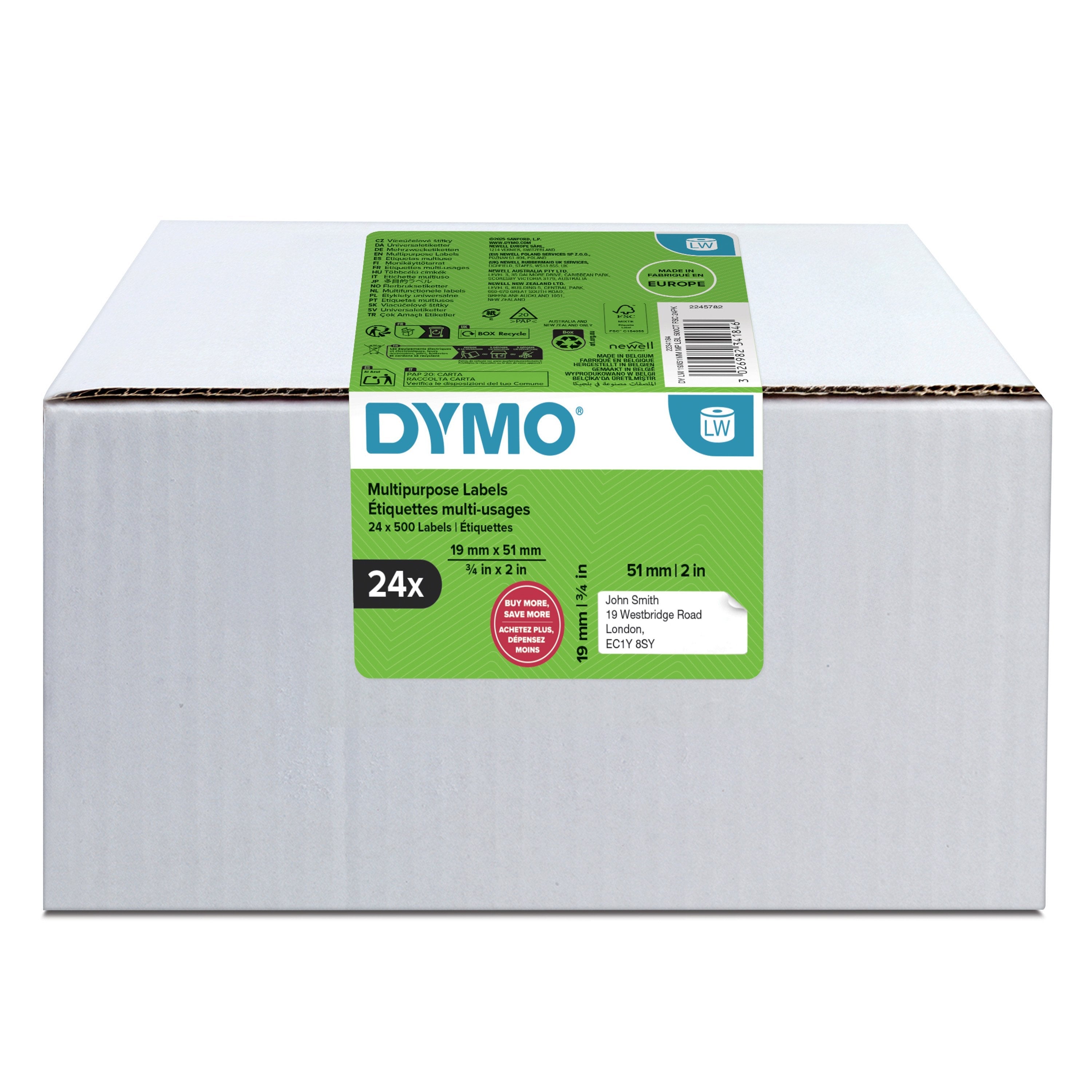 Etiquetas Multiusos Dymo Labelwriter Original, 19 X 51 Mm 24 Rollos De 500 Etiquetas Cada Uno 2234184