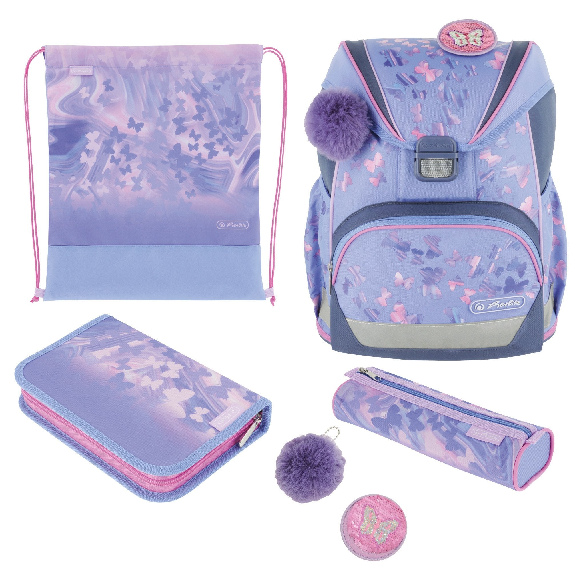 Mochila Escolar Herlitz Ultralight Violeta/Rosa, Estuche Estudiante Con 16 Piezas, Mocasines Ovalados, Bolsa De Deporte, 2 Aplicaciones 50046157