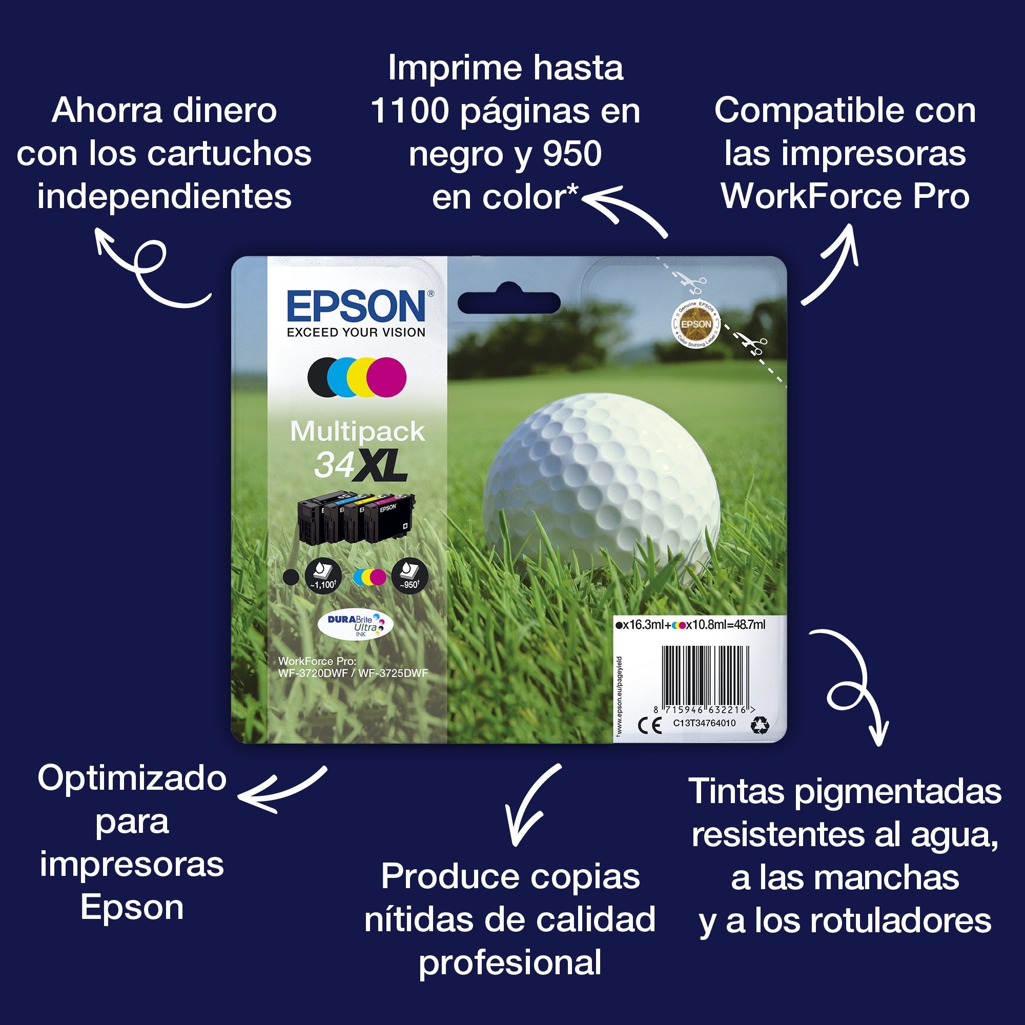 Epson Golf Ball Singlepack Black 34 Durabrite Ultra Ink Para Workforce Pro Wf-3720dwf, Wf-3725dwf