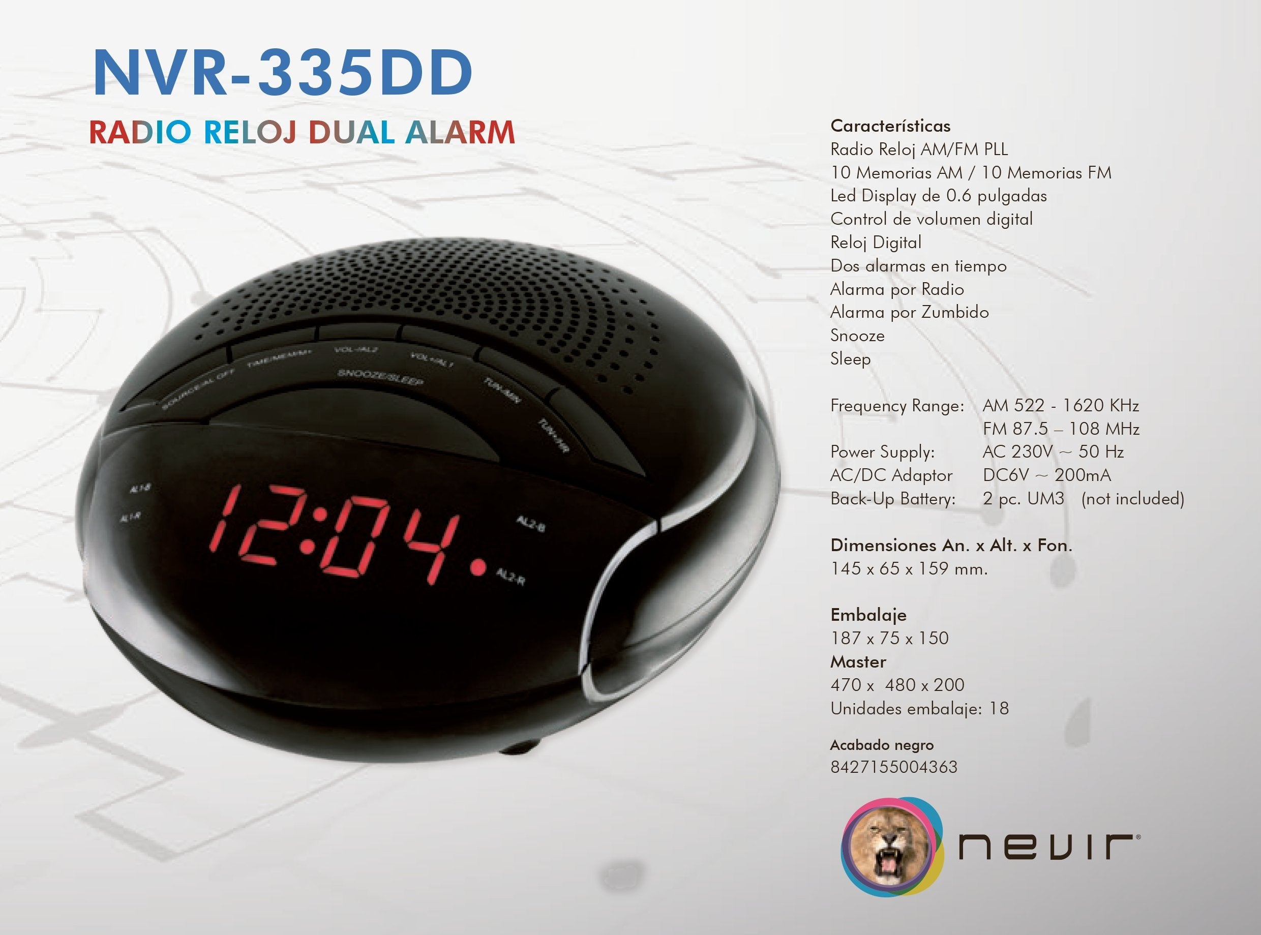 Radio Reloj Despertador Nevir Nvr - 335dd Negro Sintonizador Am - Fm