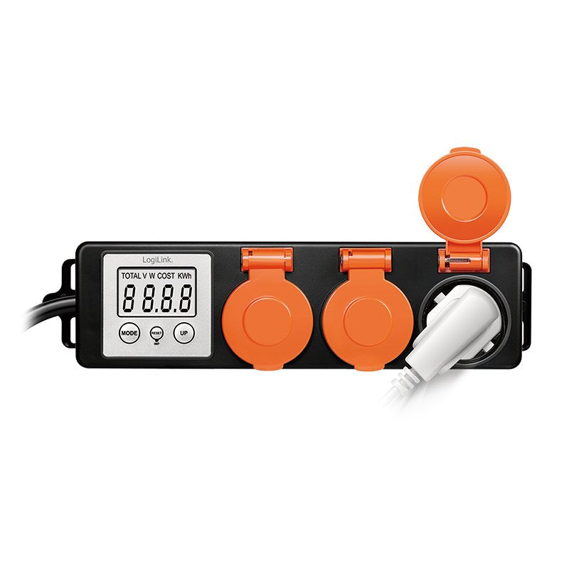 Regleta De Enchufes Exterior De 3 Vías, Medidor De Consumo Energético, Ip44, Pantalla Lcd De 2,0" Y Tapas Protectoras.