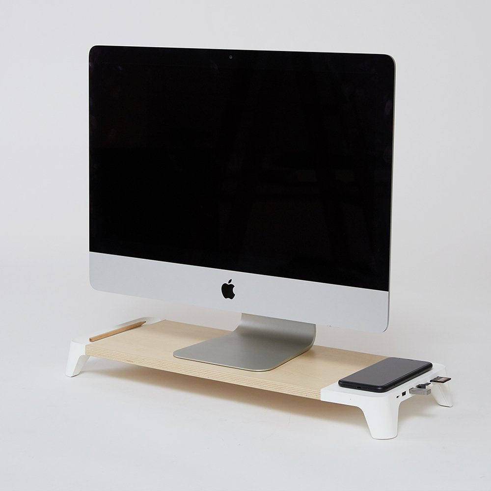 Pout Eyes8 - Soporte De Madera Para Monitor Con Cargador Rápido Y Carga Inalámbrica Para Dispositivos, 3 En 1, Blanco