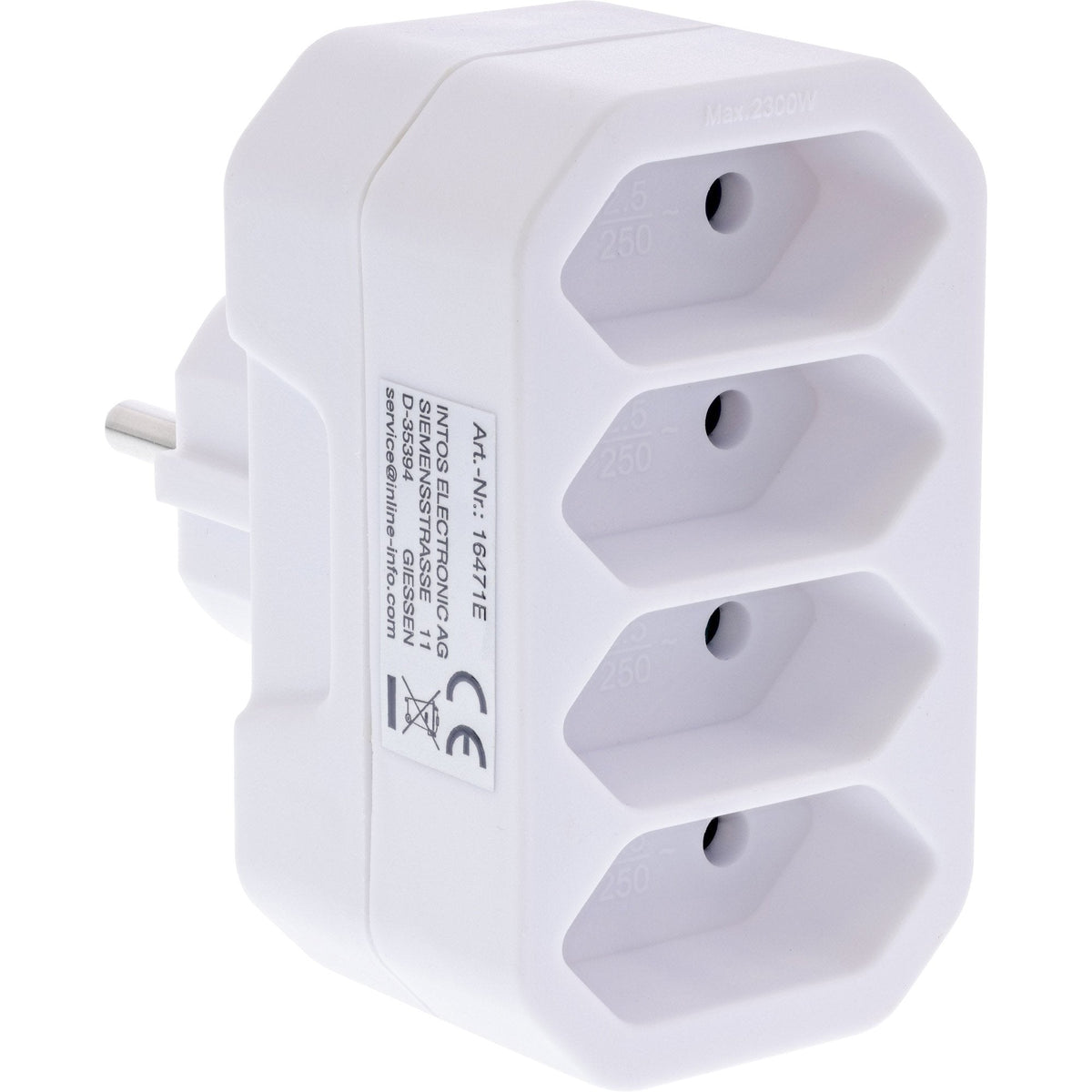 Inline® Power Adapter, Earthing Contact Plug A 4x Euro Socket, White