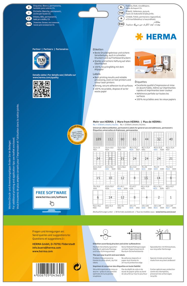 Herma Labels             70x36 25 Sheets Din A4 600 Pcs. 4360 Etiquetas