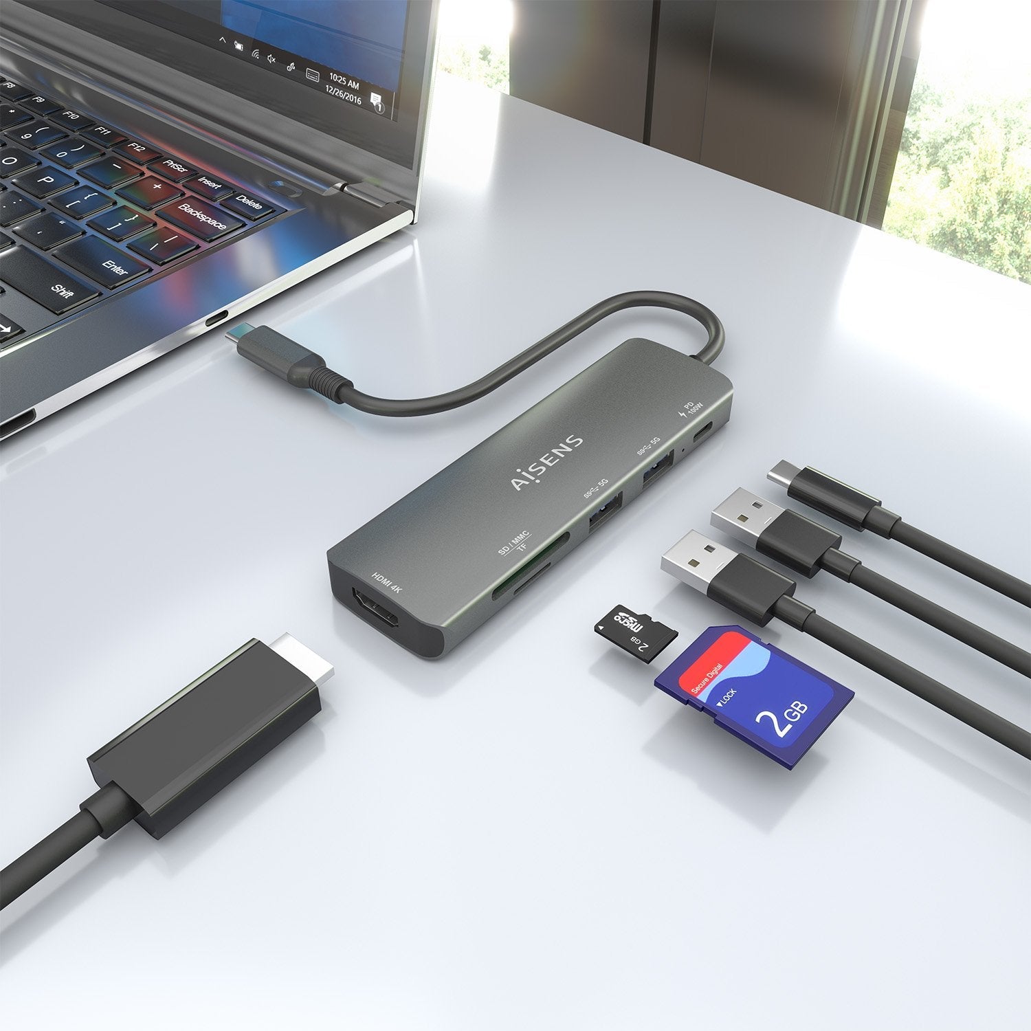 Aisens Usb-C Dock 6 En 1, Usb-C A 1xhdmi, 2xusb-A, 1xusb-C Pd 100w, 1xsd, 1xmicro Sd, Gris, 15cm