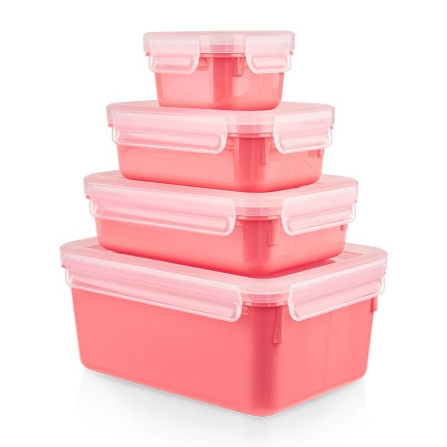 Emsa Clip & Close Juego De 4 Fiambreras (Coral/Transparente, Rectangular, 4 Fiambreras  + 4 Tapas)