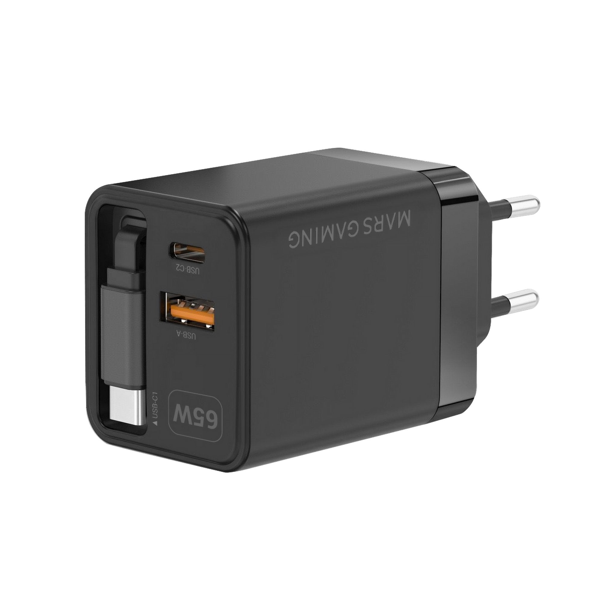 Cargador Usb Gan Mars Gaming Md-Gan65r 65w 1xusb-C 1xusb-A Cable Retractil Pd Color Negro