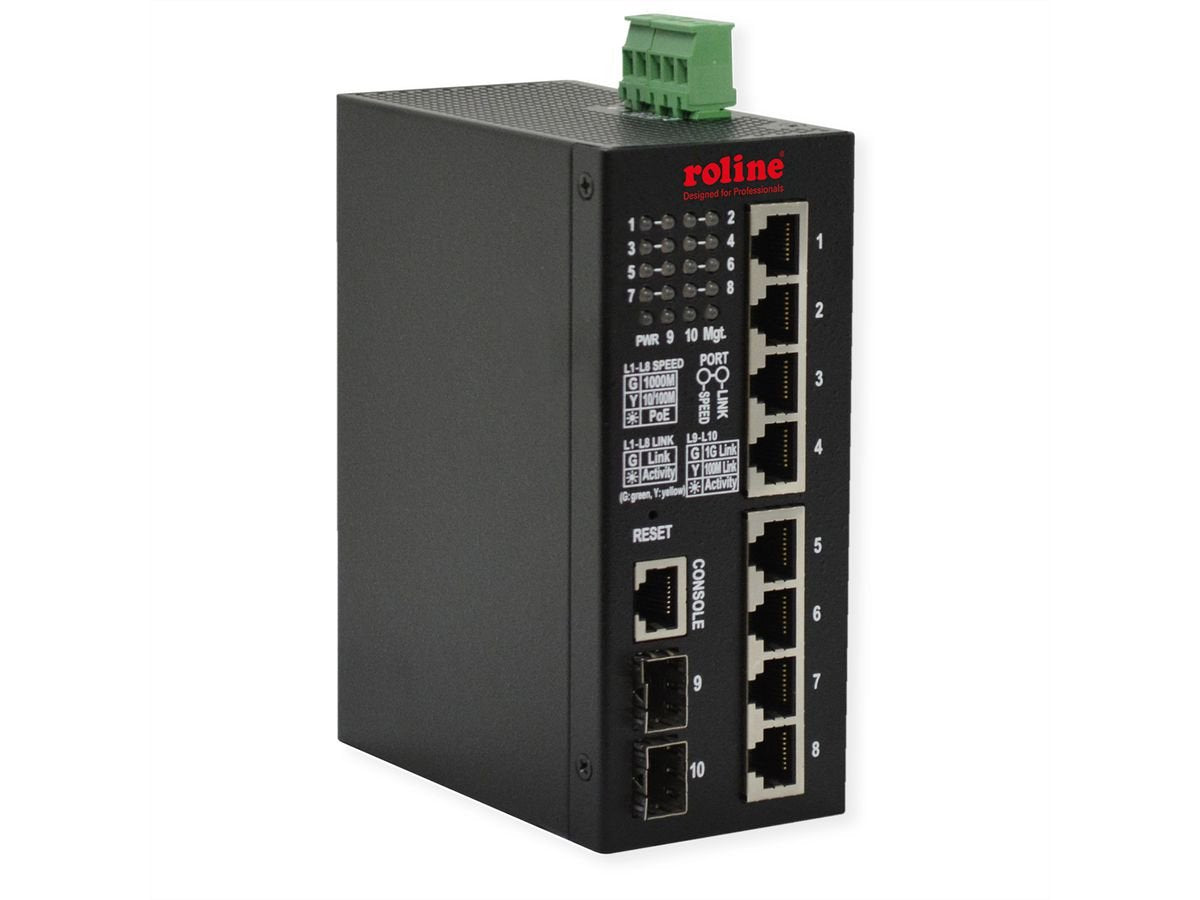 Roline Industrial Gigabit Switch, 10 Ports, Poe+, Smart Managed, 240w