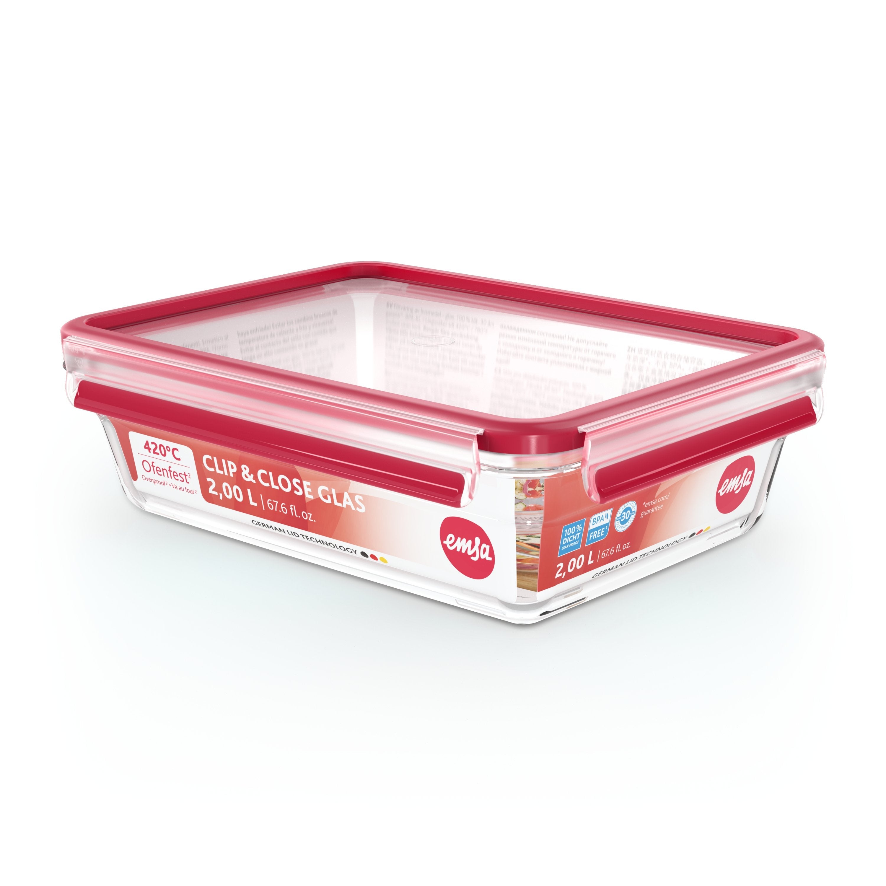 Emsa Clip & Close Fiambrera De Cristal Para Alimentos 2,0 Litros N1041100
