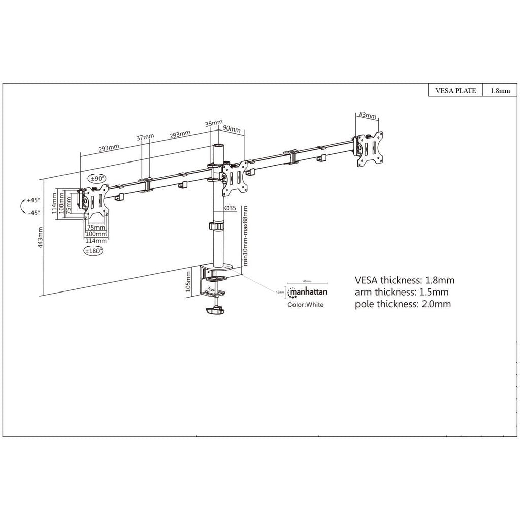 Soporte Manhattan   Para Monitor, De Escritorio, Movimiento Articulado, 3 Pantallas Planas De 13" A 27" Máximo 7 Kg Cada Una