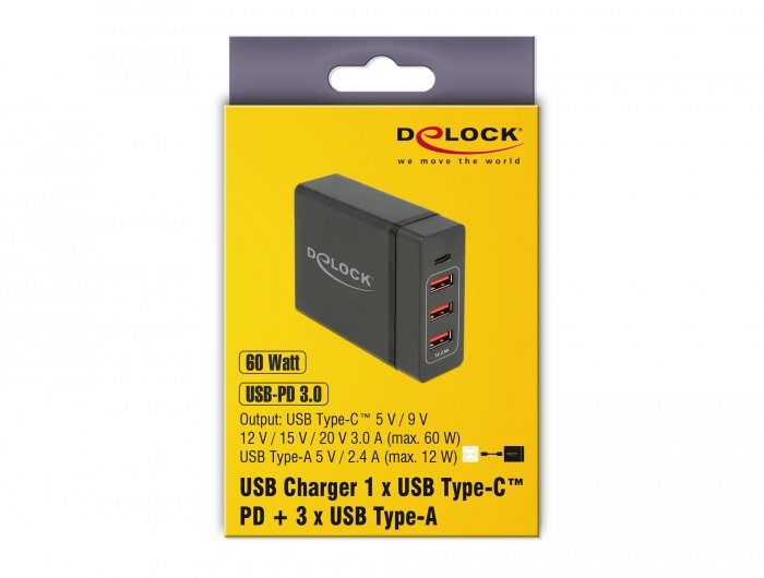 Delock Cargador Enchufe Pared -> Usb Type-C  Pd3.0 + 3x Usb A Hembra 60w + 12w Negro