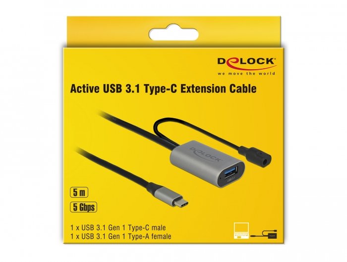 Delock 85391 Cable Usb C -> A + Dc M/H 5m Activo Negro/Gris