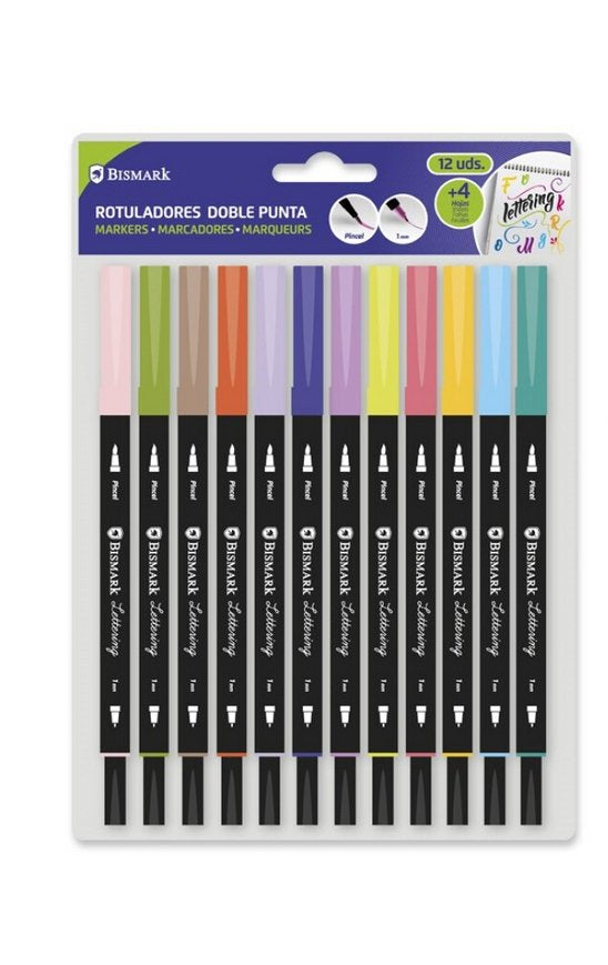 Bismark Set 12 Rotuladores Lettering Doble Punta Fina/Pincel C/Surtidos