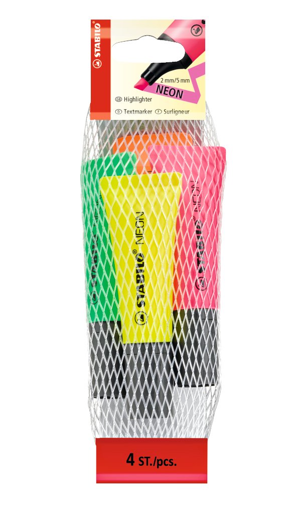 Stabilo Neon - Marcador Fluorescente - Verde, Amarillo, Naranja, Rosa - Tinta A Base De Agua - 2-5 Mm (Paquete De 4)