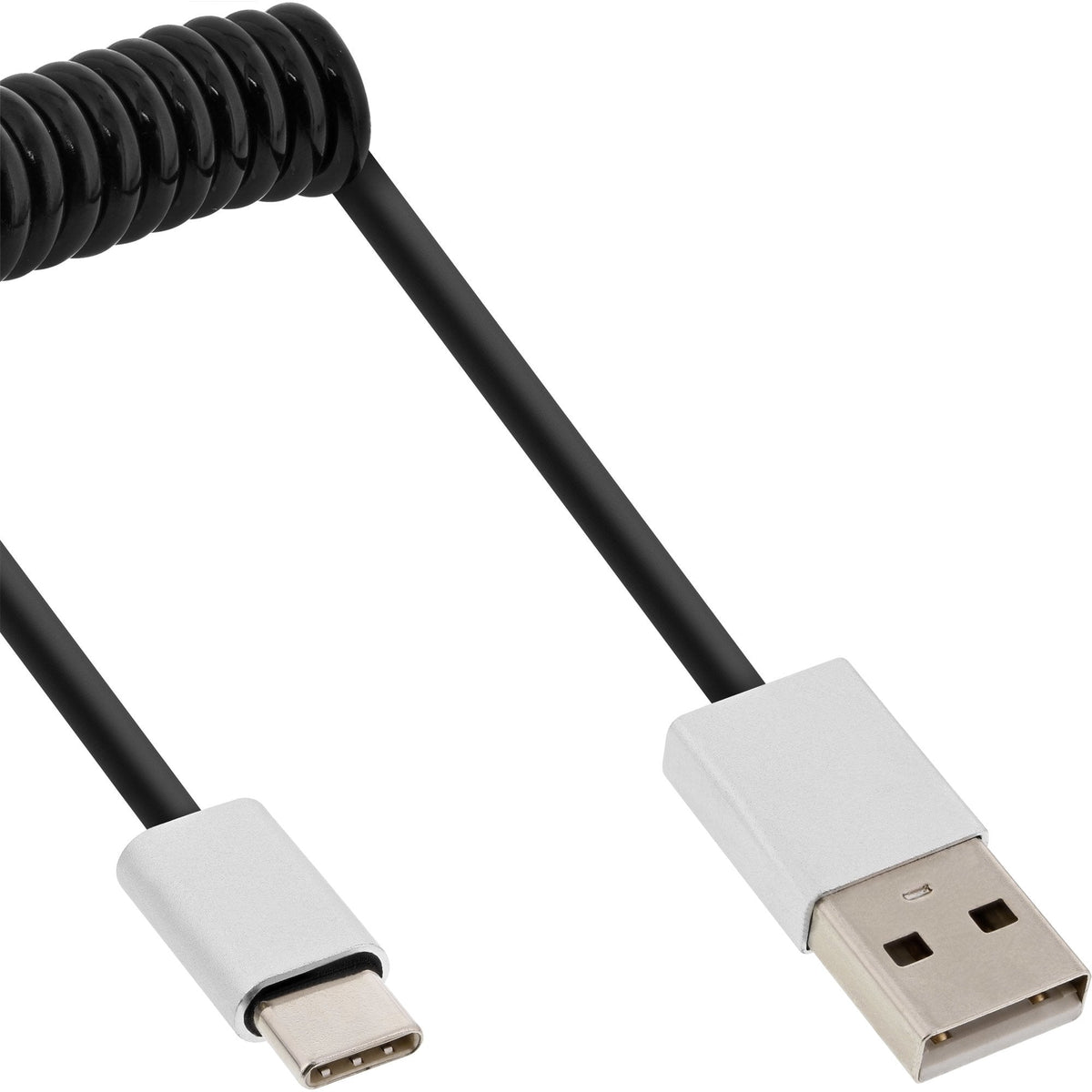 Cable En Espiral Inline Usb 2.0, Conector Tipo C A Conector A, Negro/Aluminio, Flexible, 0,5 M