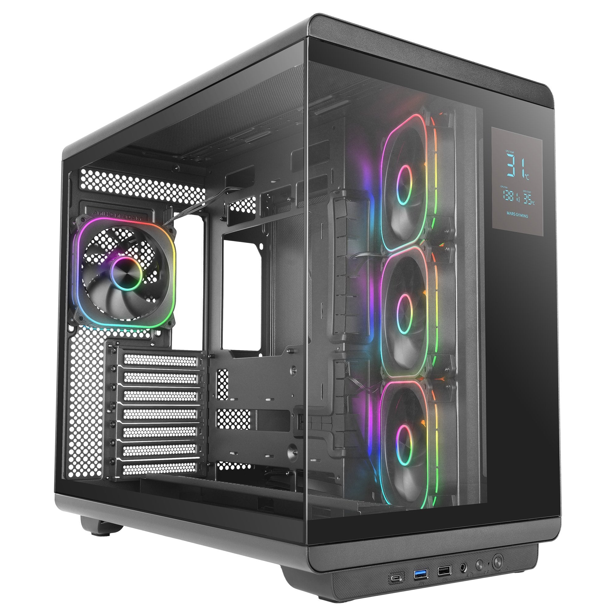 Caja Pc  Atx Mars Gaming Mc-Revpro Pantalla Lcd 4.3" Cristal Templado 4x Ventiladores Argb Black