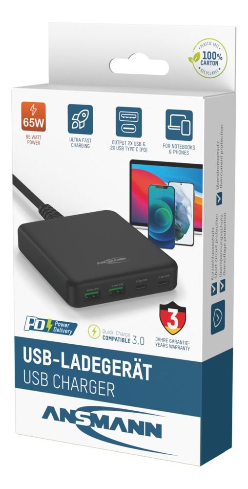 Ansmann Cargador Usb De Escritorio Dc465pd Negro, 65 Vatios, Pd, Quick Charge 3.0 1001-0141